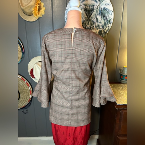 Plaid Top With Ruffle Bell Sleeves & Chest Cut-Out Large - Picture 3 of 10